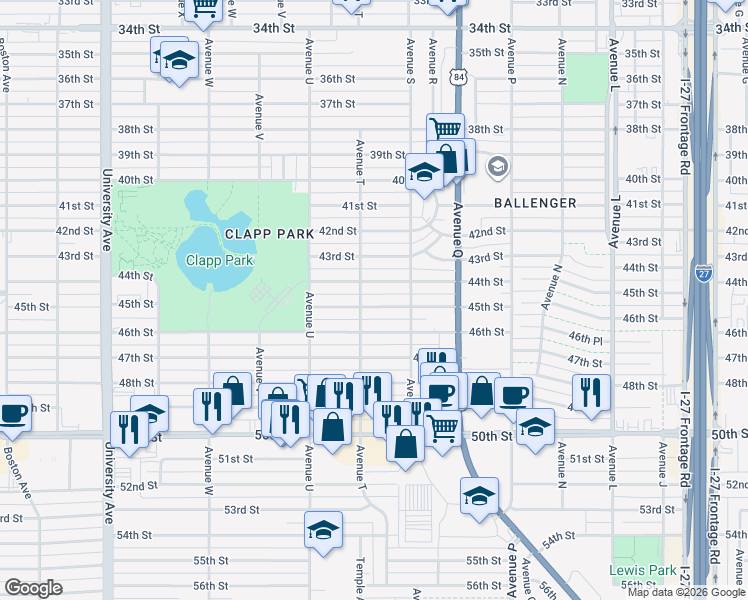 map of restaurants, bars, coffee shops, grocery stores, and more near 1916 45th St in Lubbock