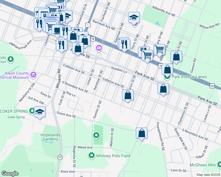 map of restaurants, bars, coffee shops, grocery stores, and more near 621 Colleton Avenue Southeast in Aiken