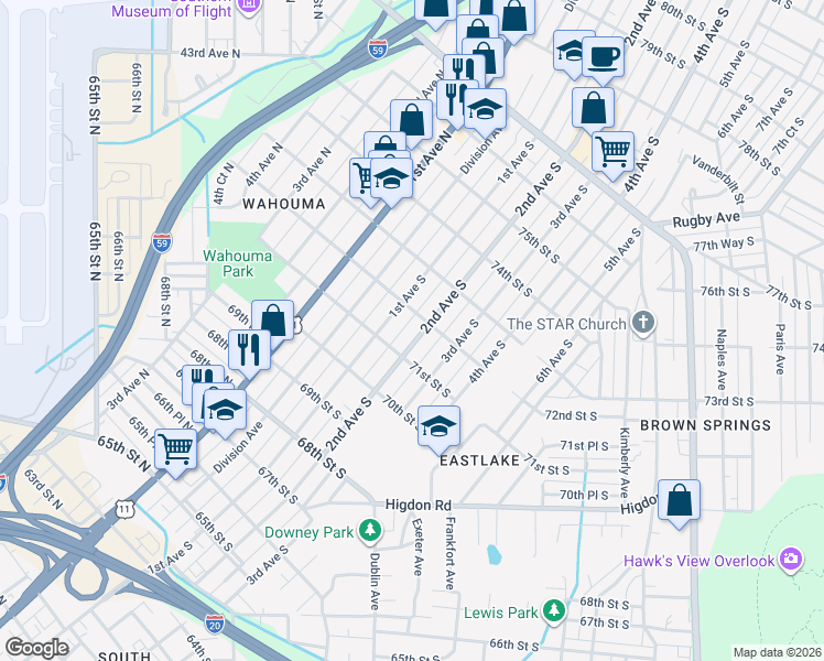 map of restaurants, bars, coffee shops, grocery stores, and more near 7122 2nd Avenue South in Birmingham