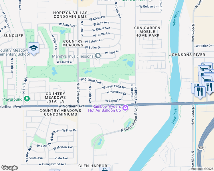 map of restaurants, bars, coffee shops, grocery stores, and more near 10430 West Royal Palm Road in Peoria