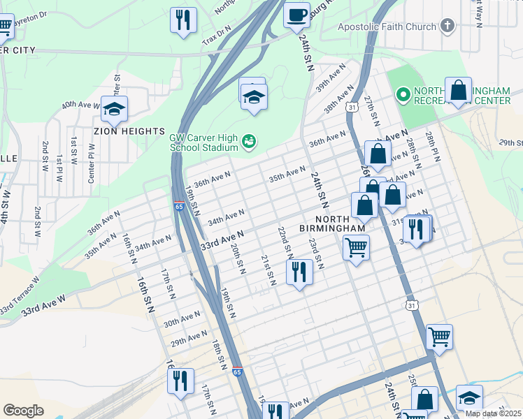 map of restaurants, bars, coffee shops, grocery stores, and more near 2115 34th Avenue North in Birmingham