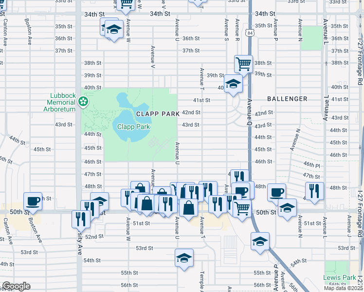 map of restaurants, bars, coffee shops, grocery stores, and more near 4500 Avenue U in Lubbock