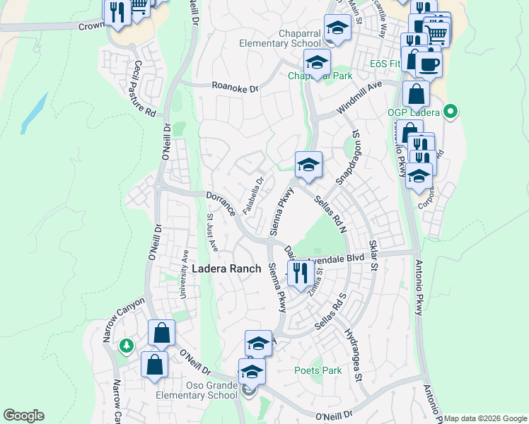 map of restaurants, bars, coffee shops, grocery stores, and more near 44 Glenalmond Lane in Mission Viejo