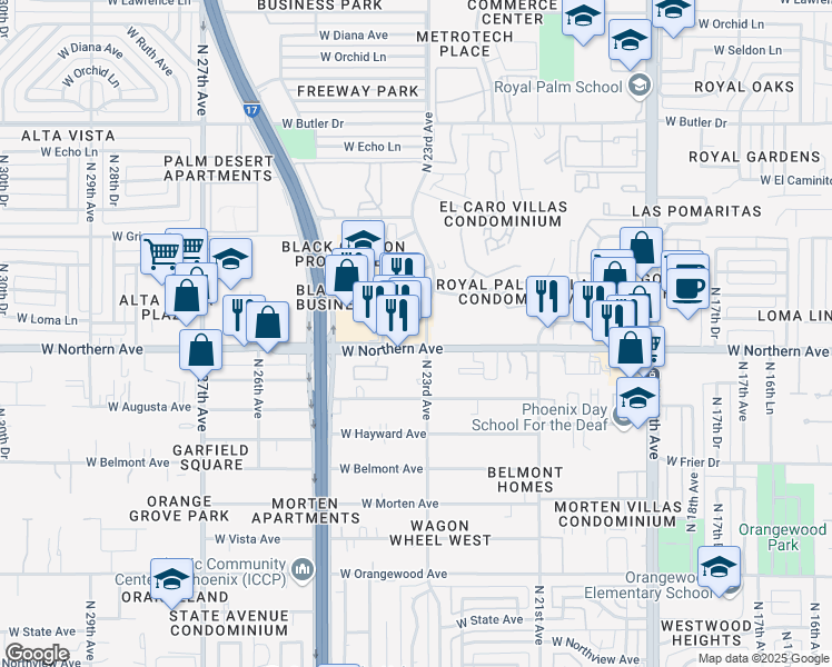 map of restaurants, bars, coffee shops, grocery stores, and more near 2302 West Northern Avenue in Phoenix