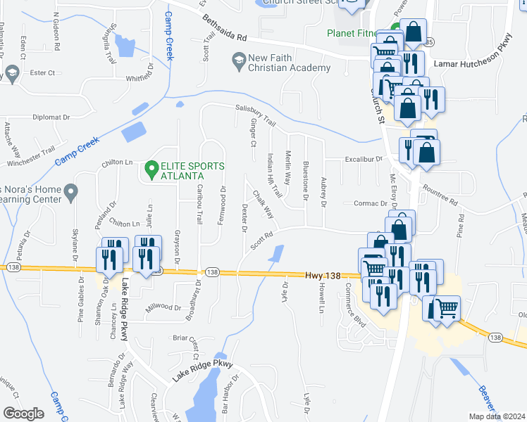 map of restaurants, bars, coffee shops, grocery stores, and more near 7381 Chalk Way in Riverdale