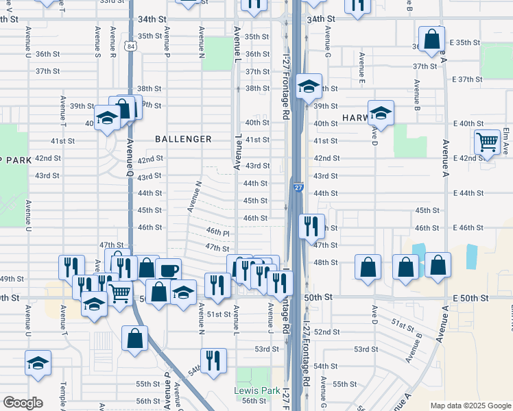 map of restaurants, bars, coffee shops, grocery stores, and more near 4502 Avenue J in Lubbock