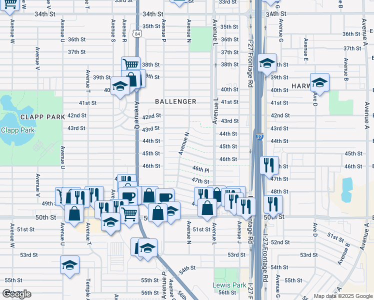 map of restaurants, bars, coffee shops, grocery stores, and more near 1325-1399 46th Street in Lubbock