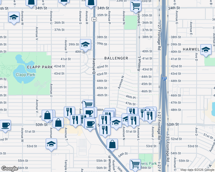 map of restaurants, bars, coffee shops, grocery stores, and more near 4401-4499 Avenue P in Lubbock