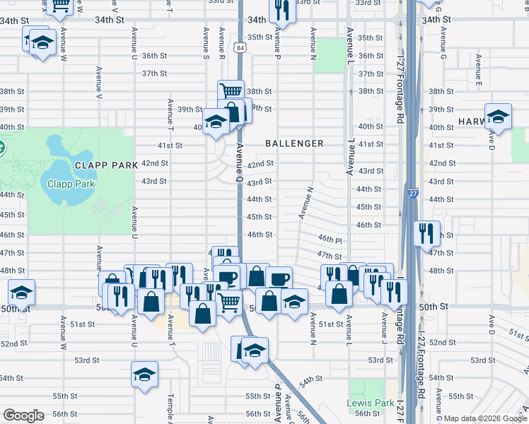map of restaurants, bars, coffee shops, grocery stores, and more near 1615 45th Street in Lubbock