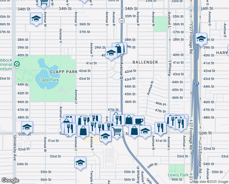 map of restaurants, bars, coffee shops, grocery stores, and more near 4412 Avenue Q in Lubbock