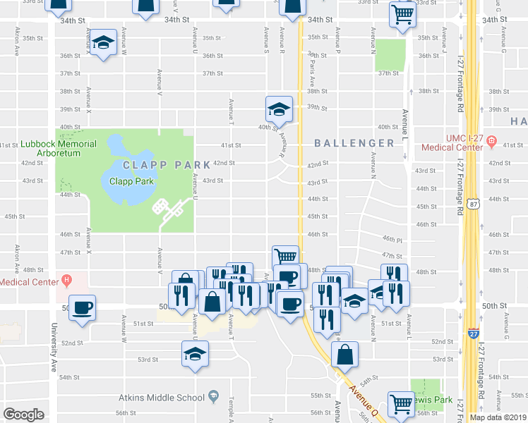 map of restaurants, bars, coffee shops, grocery stores, and more near 1902 45th Street in Lubbock