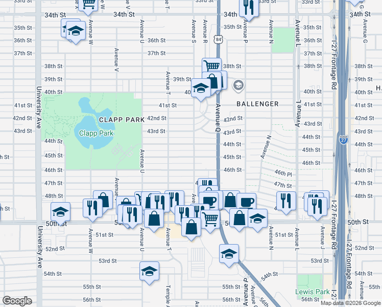 map of restaurants, bars, coffee shops, grocery stores, and more near 1902 45th Street in Lubbock
