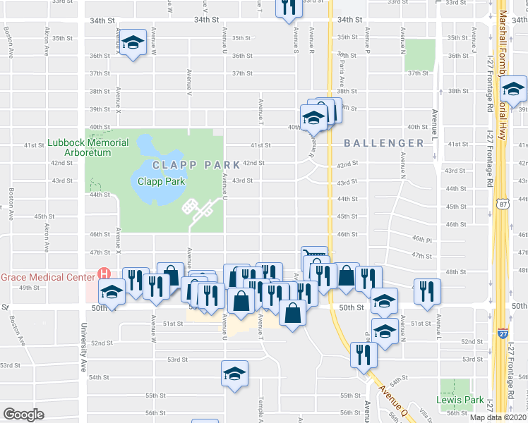 map of restaurants, bars, coffee shops, grocery stores, and more near 1916 45th Street in Lubbock