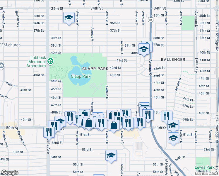 map of restaurants, bars, coffee shops, grocery stores, and more near 4500 Avenue U in Lubbock