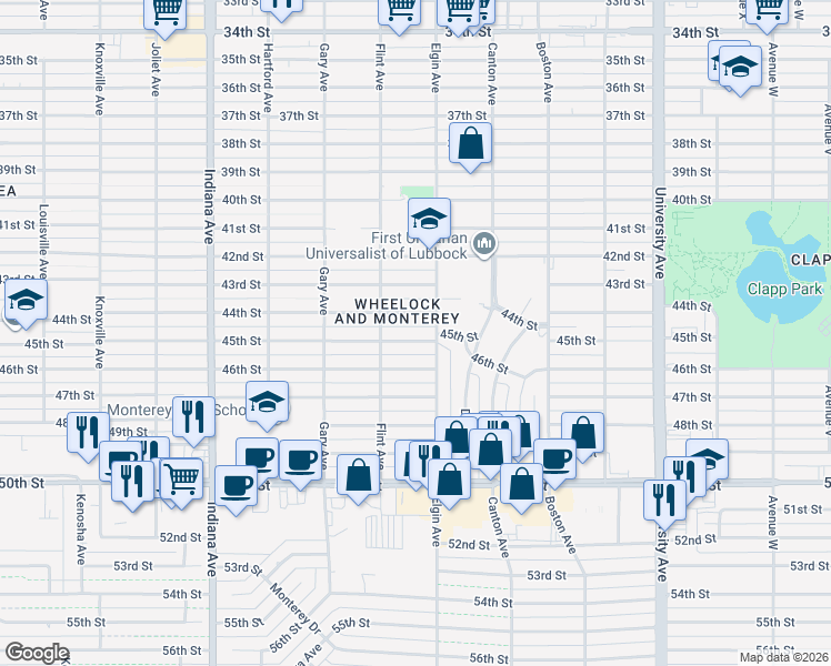 map of restaurants, bars, coffee shops, grocery stores, and more near 3010 45th Street in Lubbock