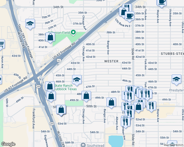 map of restaurants, bars, coffee shops, grocery stores, and more near 5426 45th Street in Lubbock