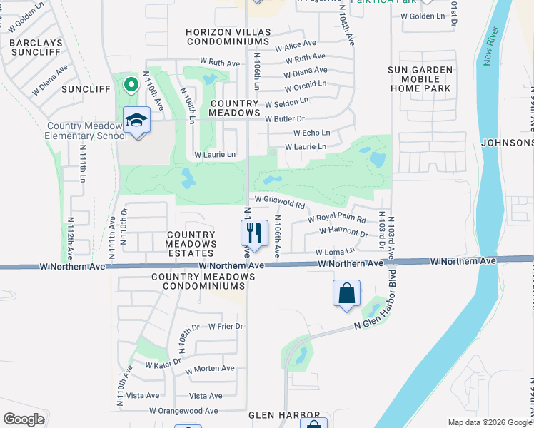 map of restaurants, bars, coffee shops, grocery stores, and more near 8156 North 106th Avenue in Peoria