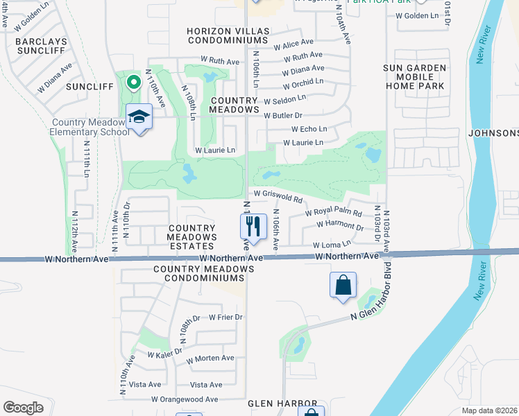 map of restaurants, bars, coffee shops, grocery stores, and more near 8156 North 106th Avenue in Peoria