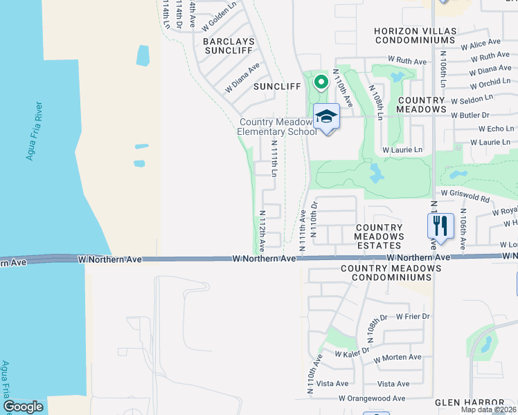 map of restaurants, bars, coffee shops, grocery stores, and more near 8126 North 112th Avenue in Peoria
