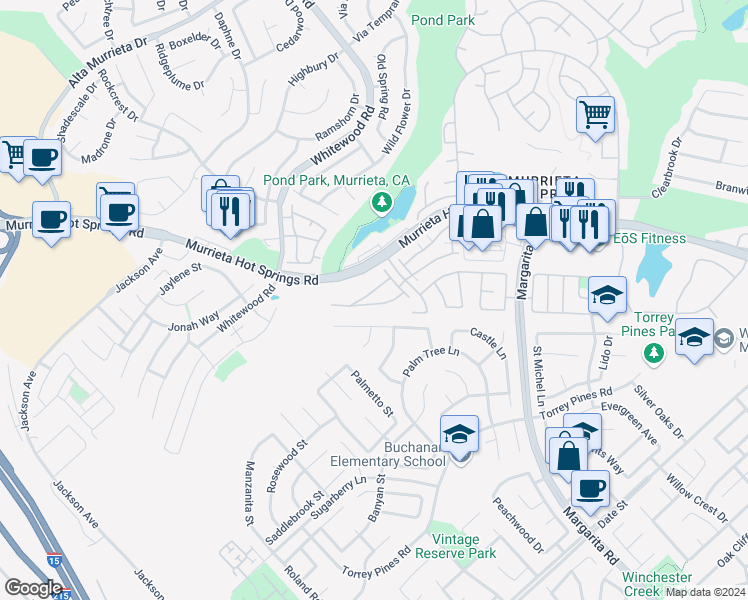 map of restaurants, bars, coffee shops, grocery stores, and more near 39862 Millbrook Way in Murrieta