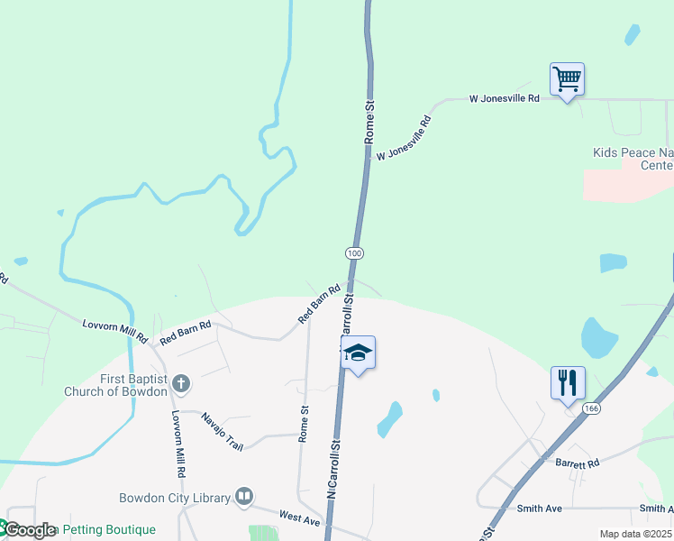 map of restaurants, bars, coffee shops, grocery stores, and more near 410 North Carroll Street in Bowdon