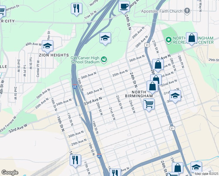 map of restaurants, bars, coffee shops, grocery stores, and more near 2115 34th Avenue North in Birmingham