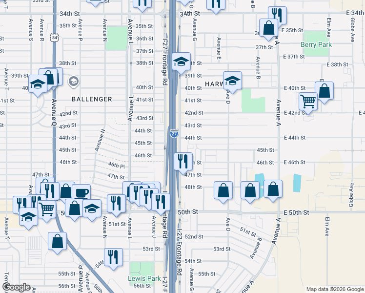 map of restaurants, bars, coffee shops, grocery stores, and more near 4415 Interstate 27 Frontage Road in Lubbock
