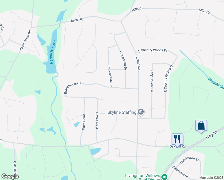map of restaurants, bars, coffee shops, grocery stores, and more near 240 Countryside Lane in Covington