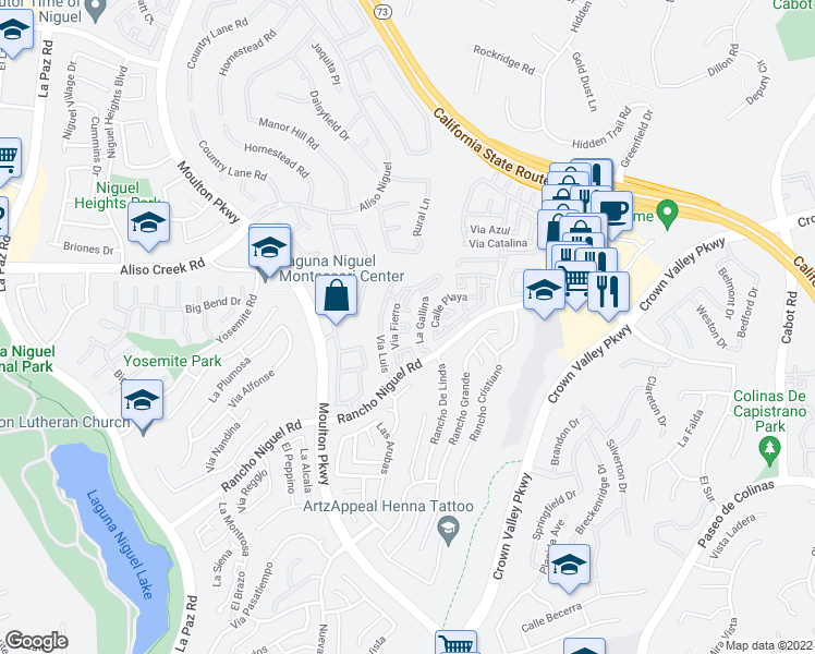 map of restaurants, bars, coffee shops, grocery stores, and more near 24974 La Pantera in Laguna Niguel