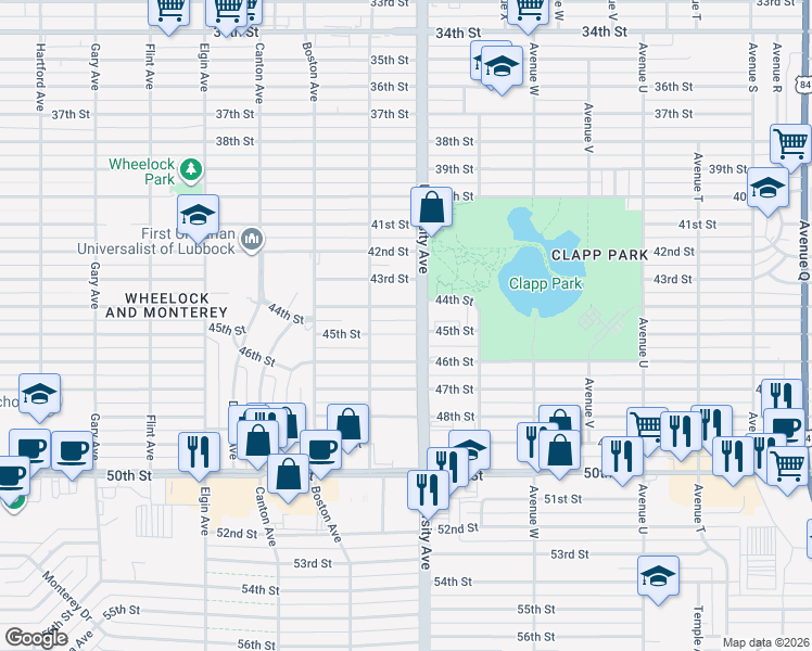 map of restaurants, bars, coffee shops, grocery stores, and more near 2506 45th Street in Lubbock