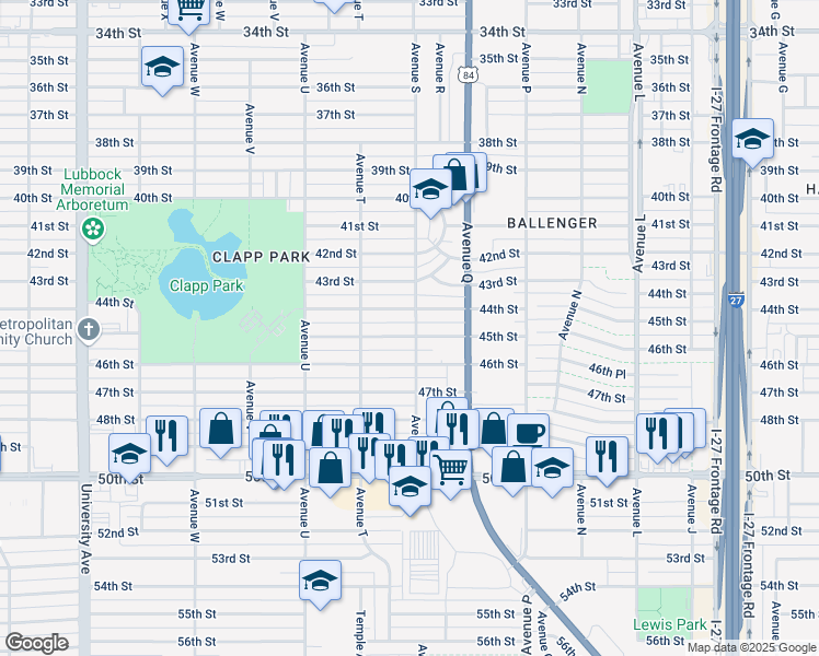 map of restaurants, bars, coffee shops, grocery stores, and more near 1902 45th Street in Lubbock
