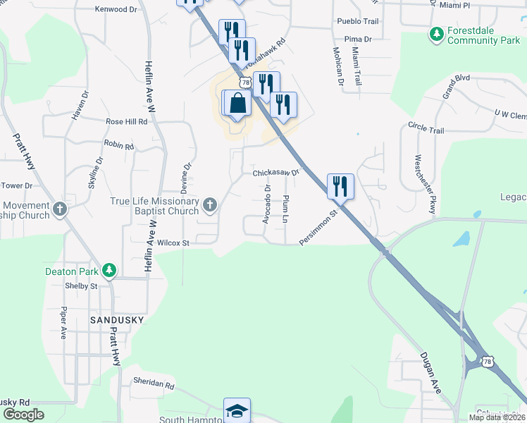 map of restaurants, bars, coffee shops, grocery stores, and more near 1032 Avocado Drive in Birmingham