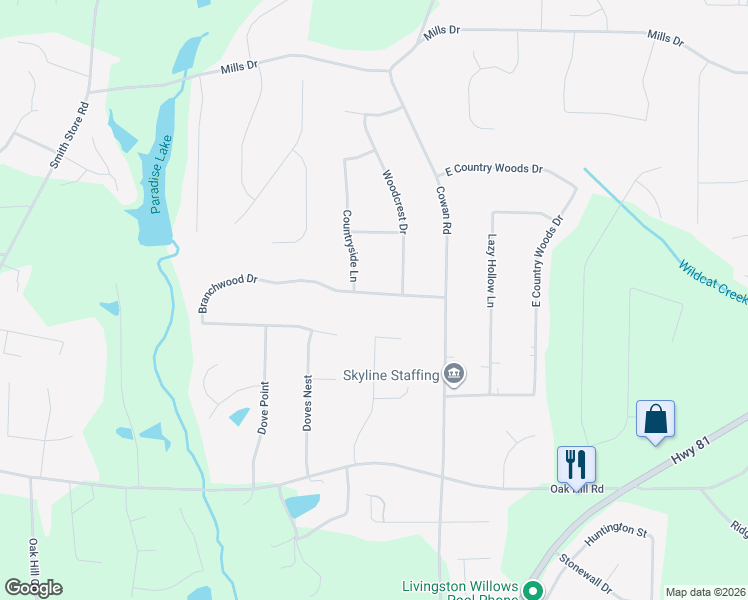 map of restaurants, bars, coffee shops, grocery stores, and more near 260 Countryside Lane in Covington