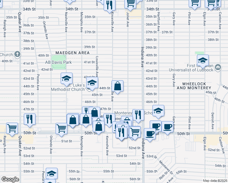map of restaurants, bars, coffee shops, grocery stores, and more near 3516 45th Street in Lubbock