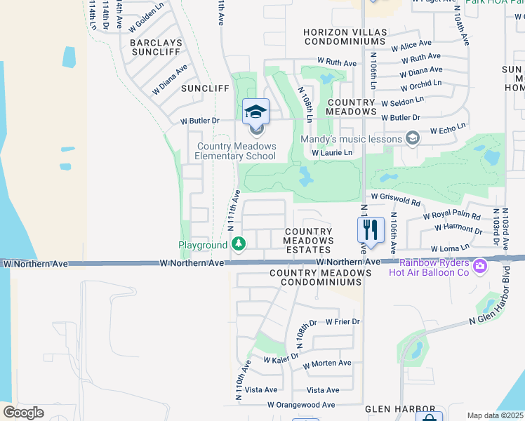 map of restaurants, bars, coffee shops, grocery stores, and more near 10986 West Royal Palm Road in Peoria