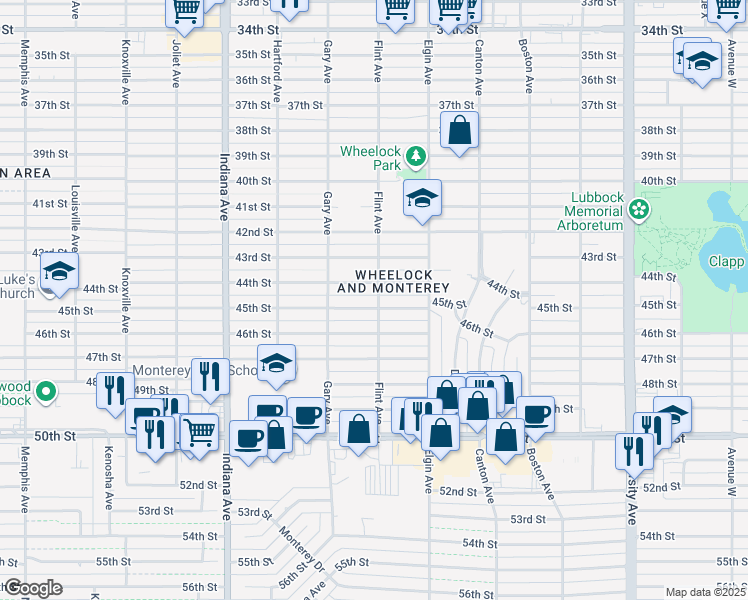 map of restaurants, bars, coffee shops, grocery stores, and more near 3102 45th Street in Lubbock
