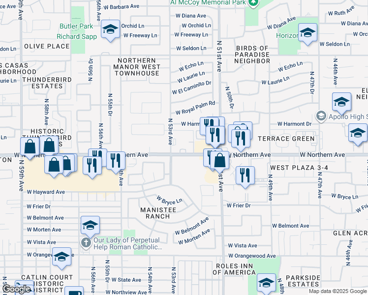 map of restaurants, bars, coffee shops, grocery stores, and more near 5220 West Northern Avenue in Glendale