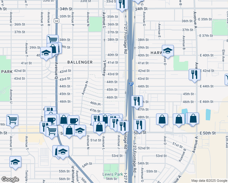 map of restaurants, bars, coffee shops, grocery stores, and more near 1107 45th Street in Lubbock