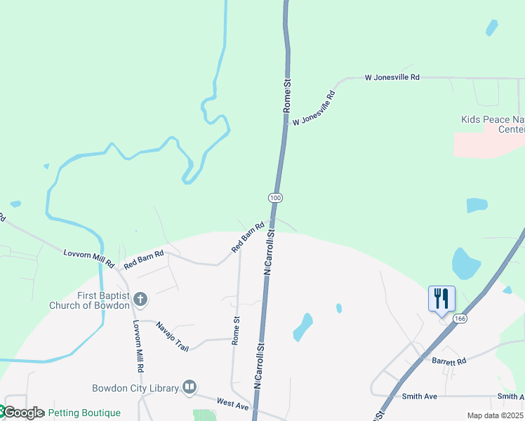 map of restaurants, bars, coffee shops, grocery stores, and more near 410 North Carroll Street in Bowdon