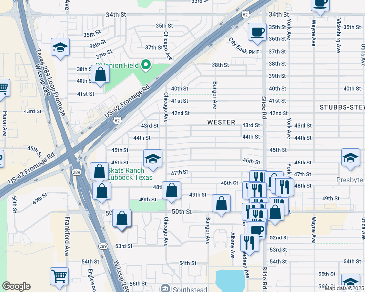 map of restaurants, bars, coffee shops, grocery stores, and more near 5426 45th Street in Lubbock