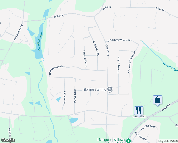map of restaurants, bars, coffee shops, grocery stores, and more near 250 Countryside Lane in Covington