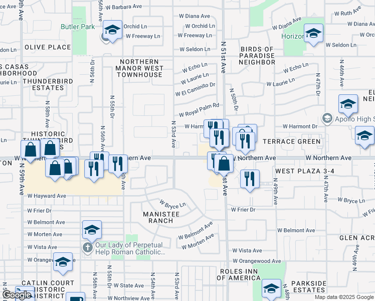 map of restaurants, bars, coffee shops, grocery stores, and more near 5220 West Northern Avenue in Glendale
