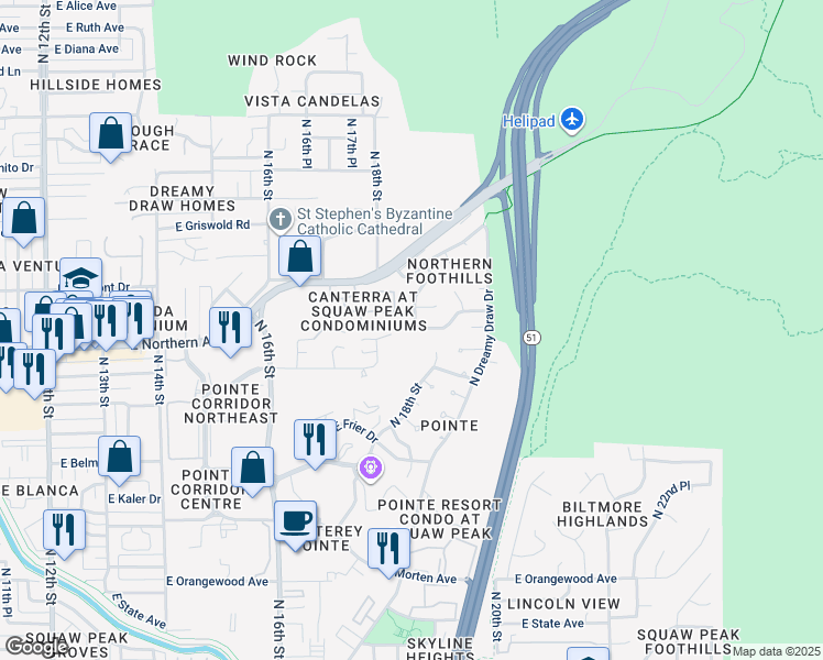map of restaurants, bars, coffee shops, grocery stores, and more near 1801 East Manzanita Drive in Phoenix