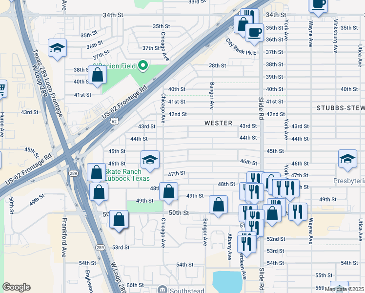map of restaurants, bars, coffee shops, grocery stores, and more near 5426 45th Street in Lubbock
