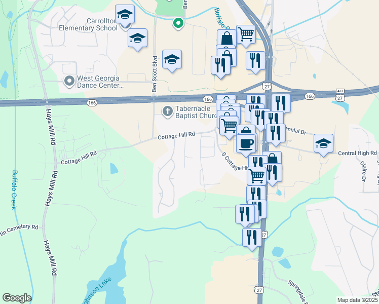 map of restaurants, bars, coffee shops, grocery stores, and more near 150 Cottage Lane in Carrollton