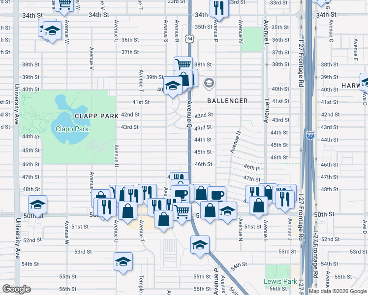 map of restaurants, bars, coffee shops, grocery stores, and more near 4412 Avenue Q in Lubbock