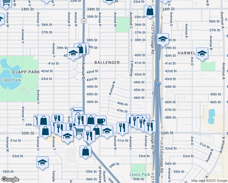 map of restaurants, bars, coffee shops, grocery stores, and more near 1325-1399 46th Street in Lubbock