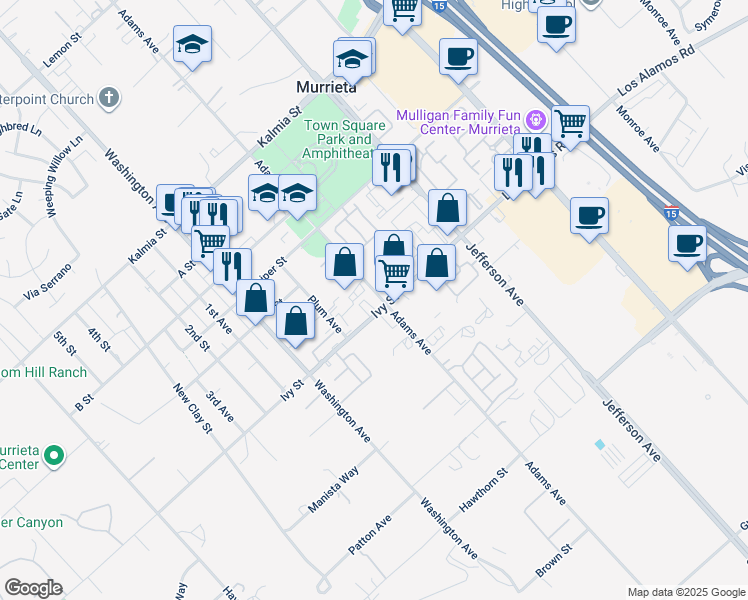 map of restaurants, bars, coffee shops, grocery stores, and more near 41763 Ivy Street in Murrieta