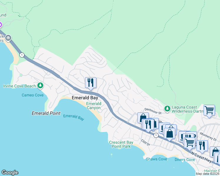 map of restaurants, bars, coffee shops, grocery stores, and more near 326 Emerald Bay in Laguna Beach