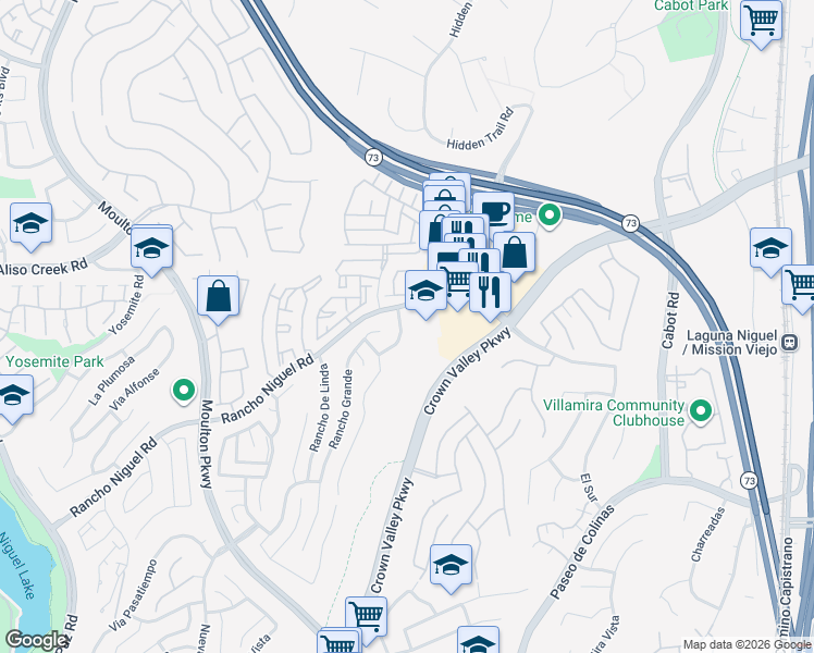 map of restaurants, bars, coffee shops, grocery stores, and more near 25302 Rancho Niguel Road in Laguna Niguel